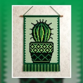 Green Tribal Cactus Crochet Wall Hanging Pattern 60x80 Stitches