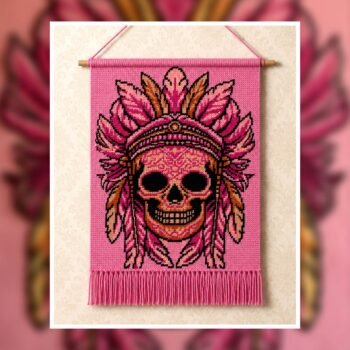 Pink Feather Skull Tapestry Crochet Pattern 150x220 Stitches