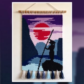 Sunset Rowing Silhouette Tapestry Crochet Pattern 60x90 Stitches